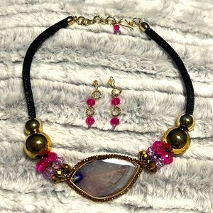 Artisan jeweler custom one of a kind short necklace & earrings set. Center gem.